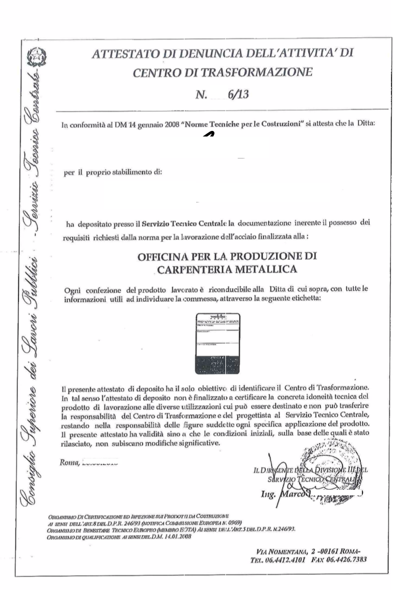 Attestato di denuncia dell'attività di centro di trasformazione. | Certificazionece
