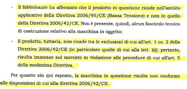 Stralcio tratto da una lettera che comunica l'esito delle indagini del MISE.